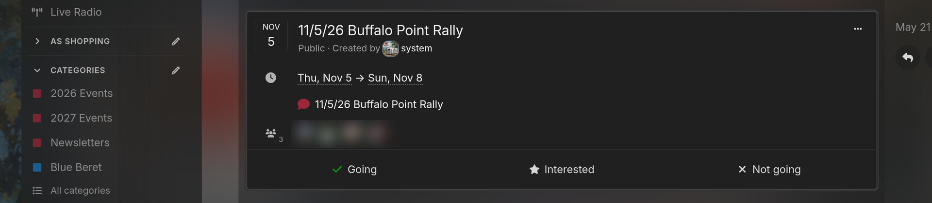 Event page with date, RSVP buttons, and a group chat per event