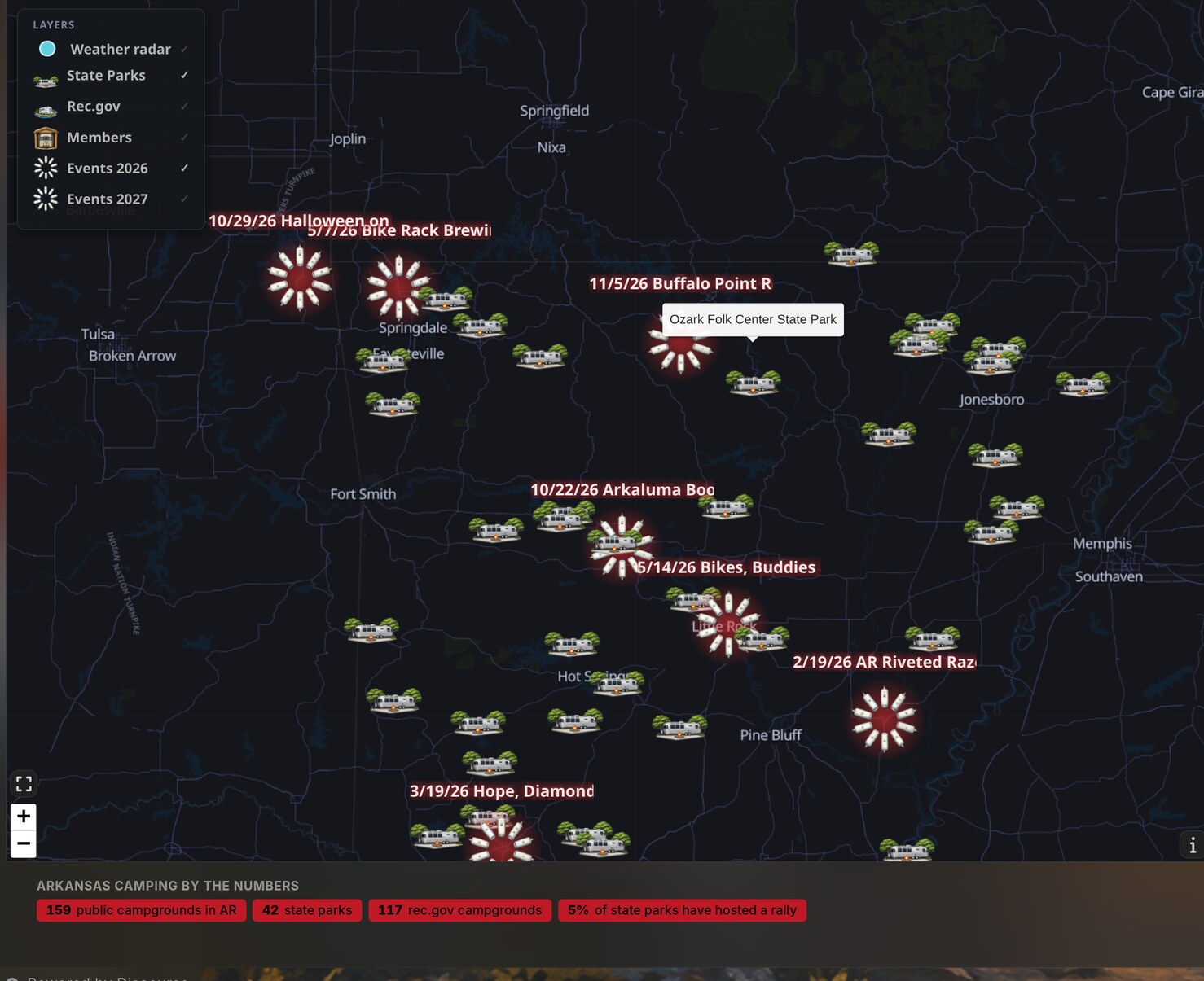 Interactive event map with rally pins plus campground and state-park layers