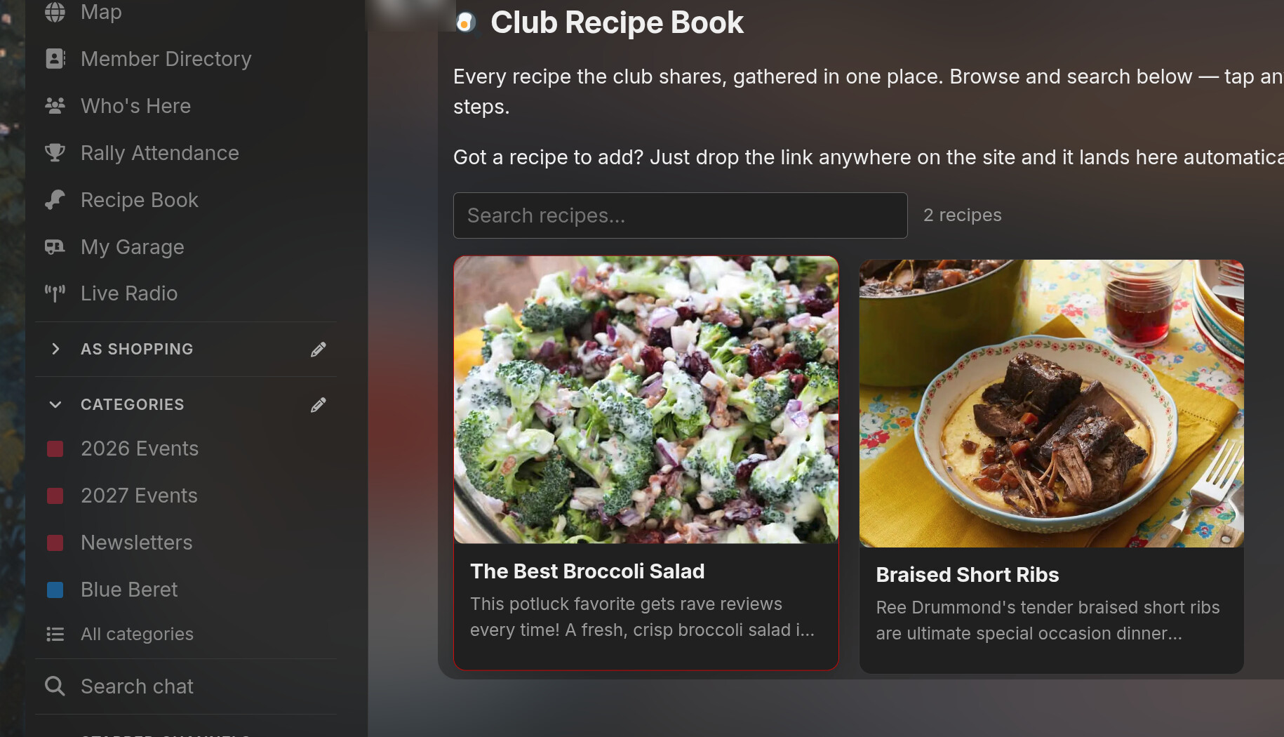 Shared club recipe book